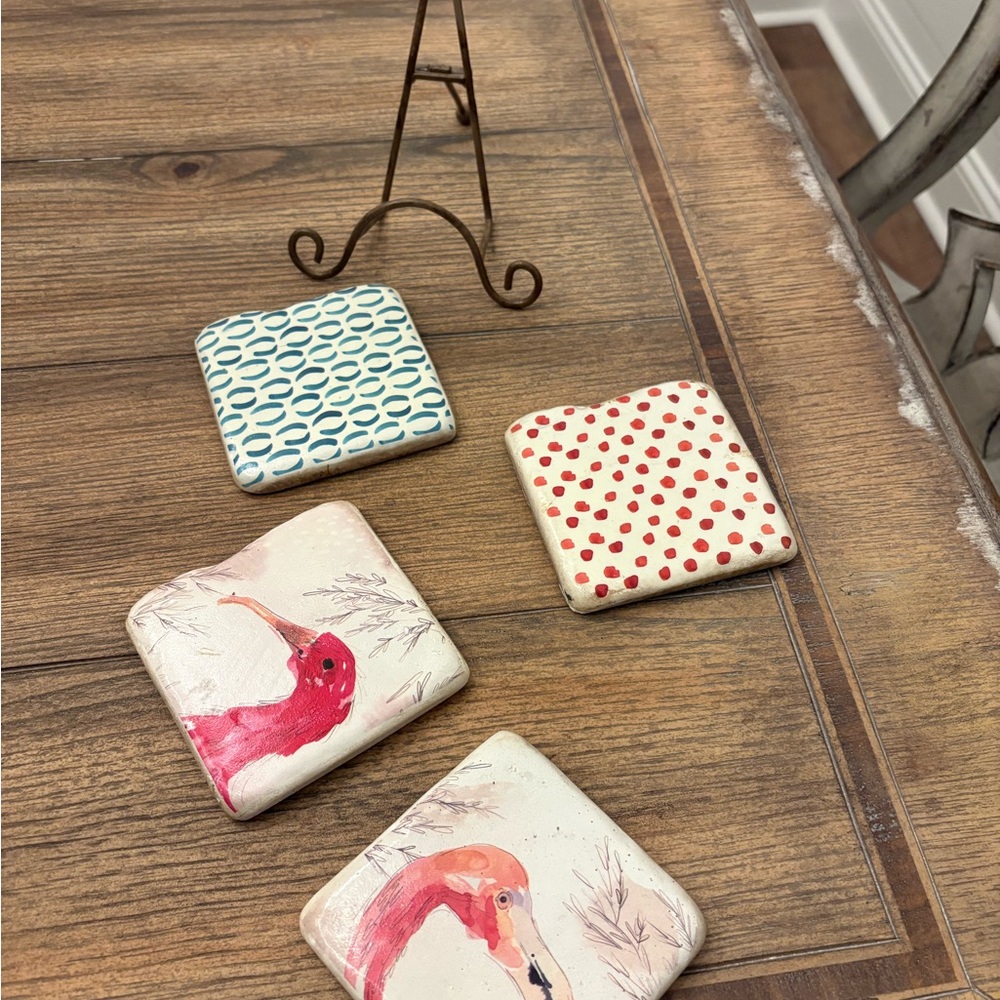 Vintage Handpainted Flamingo Ceramic Coasters - Pink & Teal.  Like New.